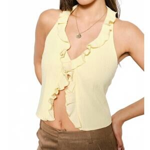 NEW PRETTY GARBAGE limone ruffle halter neck top in lt yellow